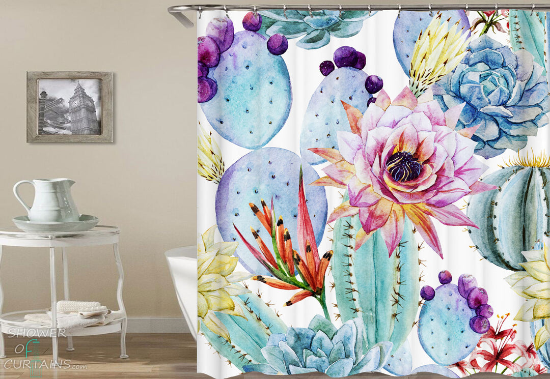 Shower Curtains with Painted Colorful Cactus Flowers