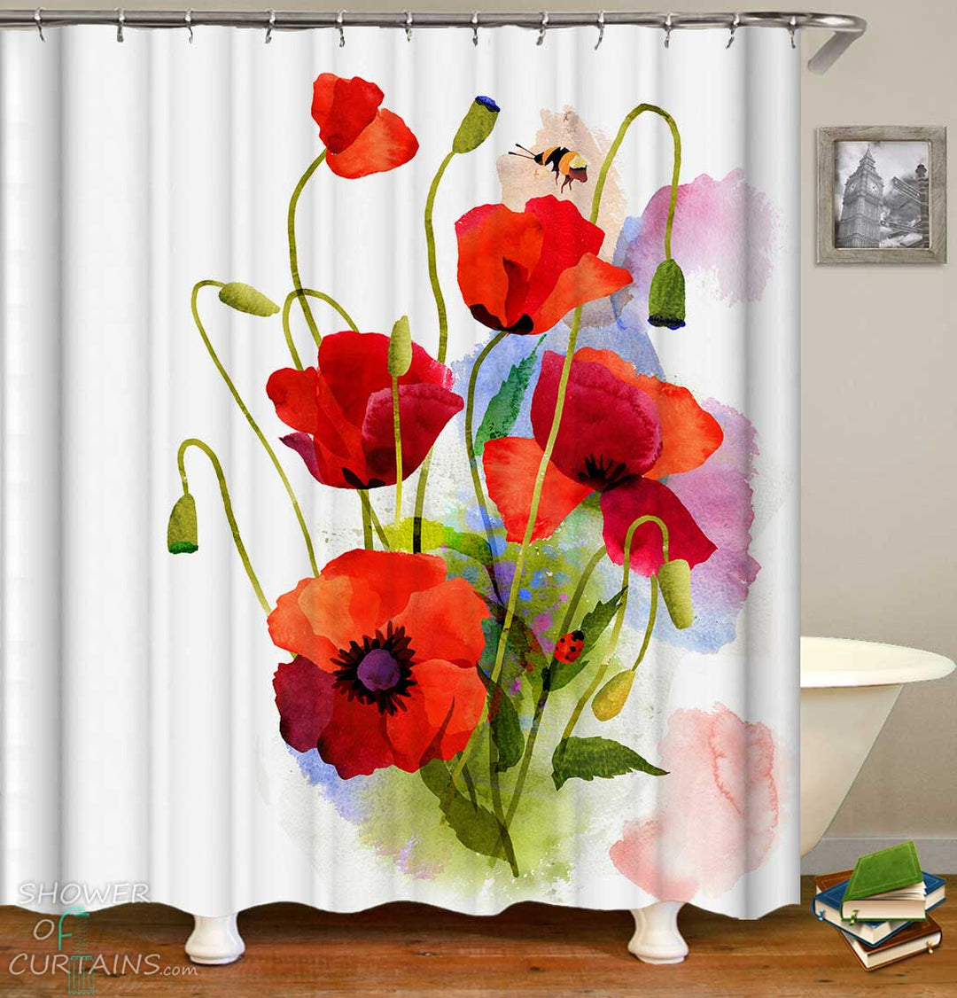 Shower Curtains with Painted Poppy Flowers