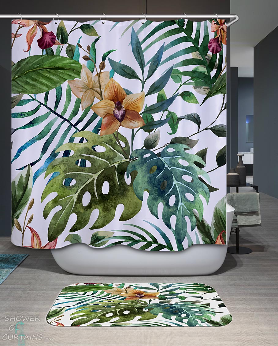 Shower Curtains with Painted Tropical Leaves