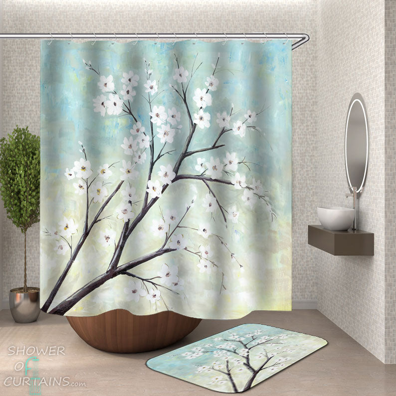 Shower Curtains with Painted White Flowers