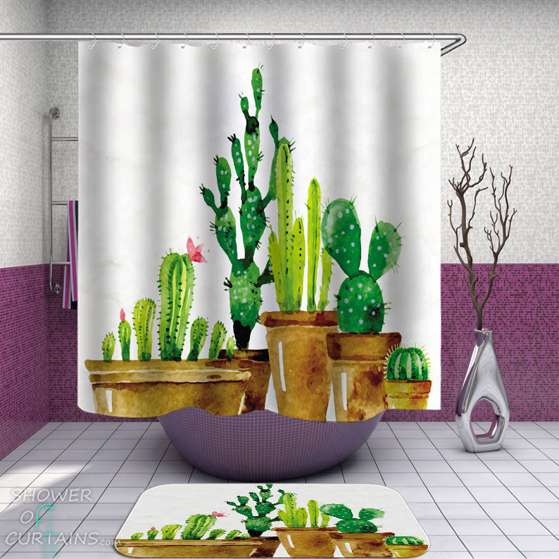 Shower Curtains with Painting of Cactus Plants