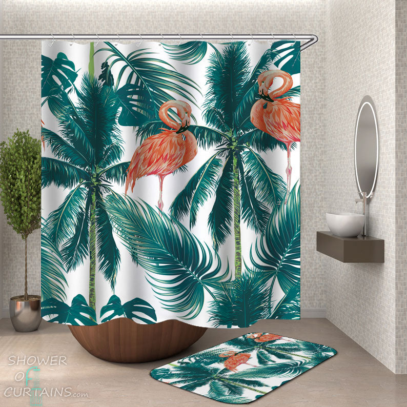 Shower Curtains with Palm Trees and Flamingos