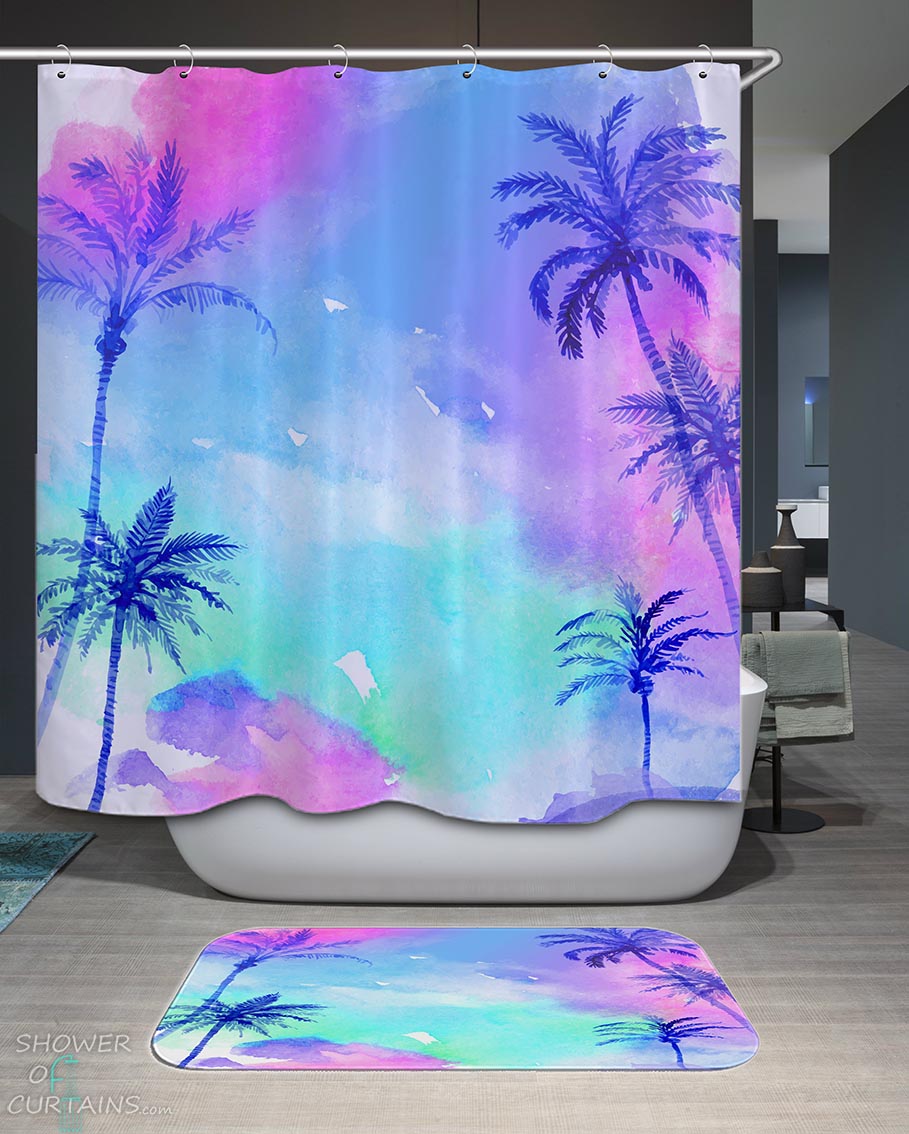 Shower Curtains with Palm Trees over Purplish Sky