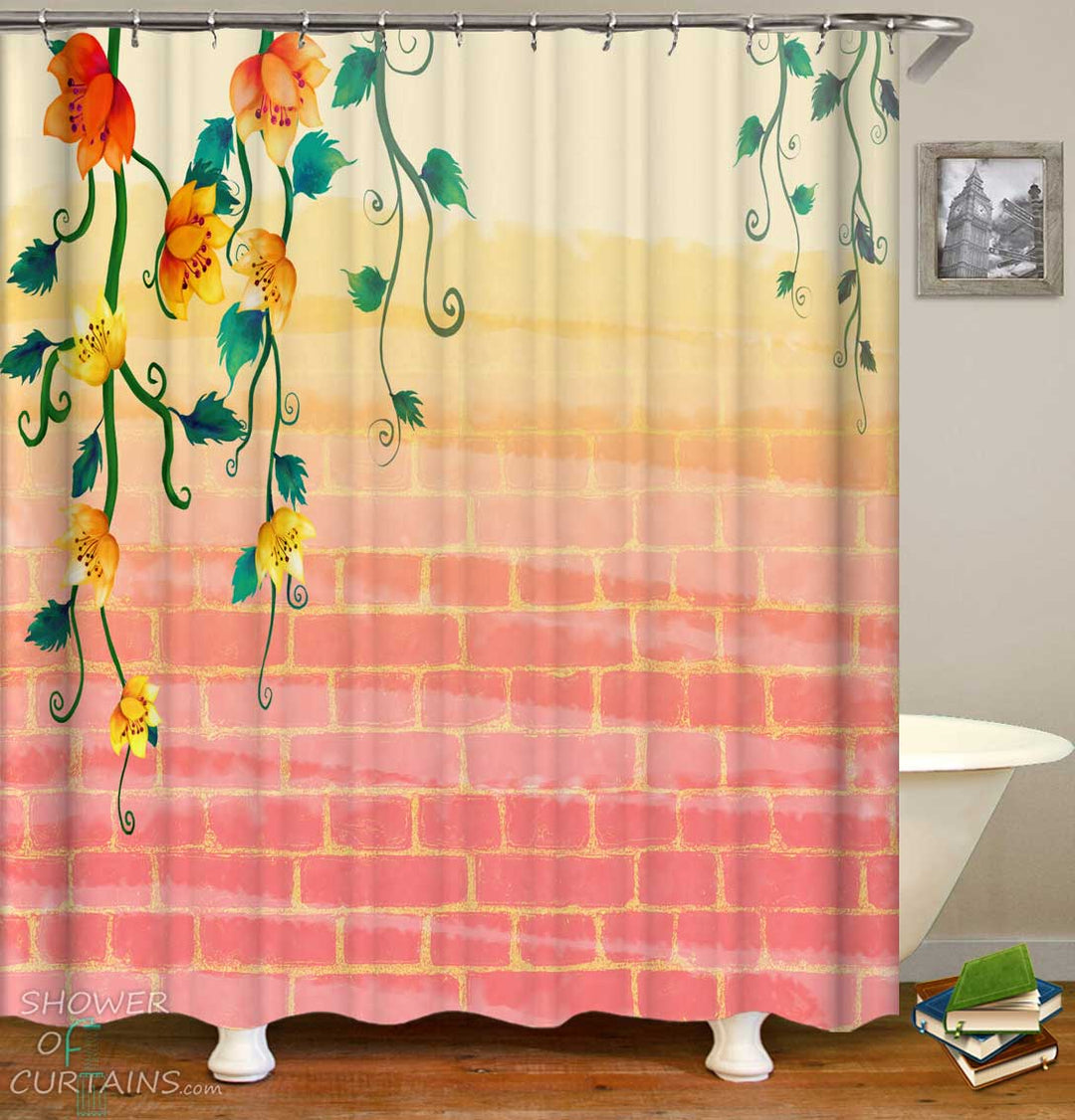 Shower Curtains with Pastel Colored Bricks Wall