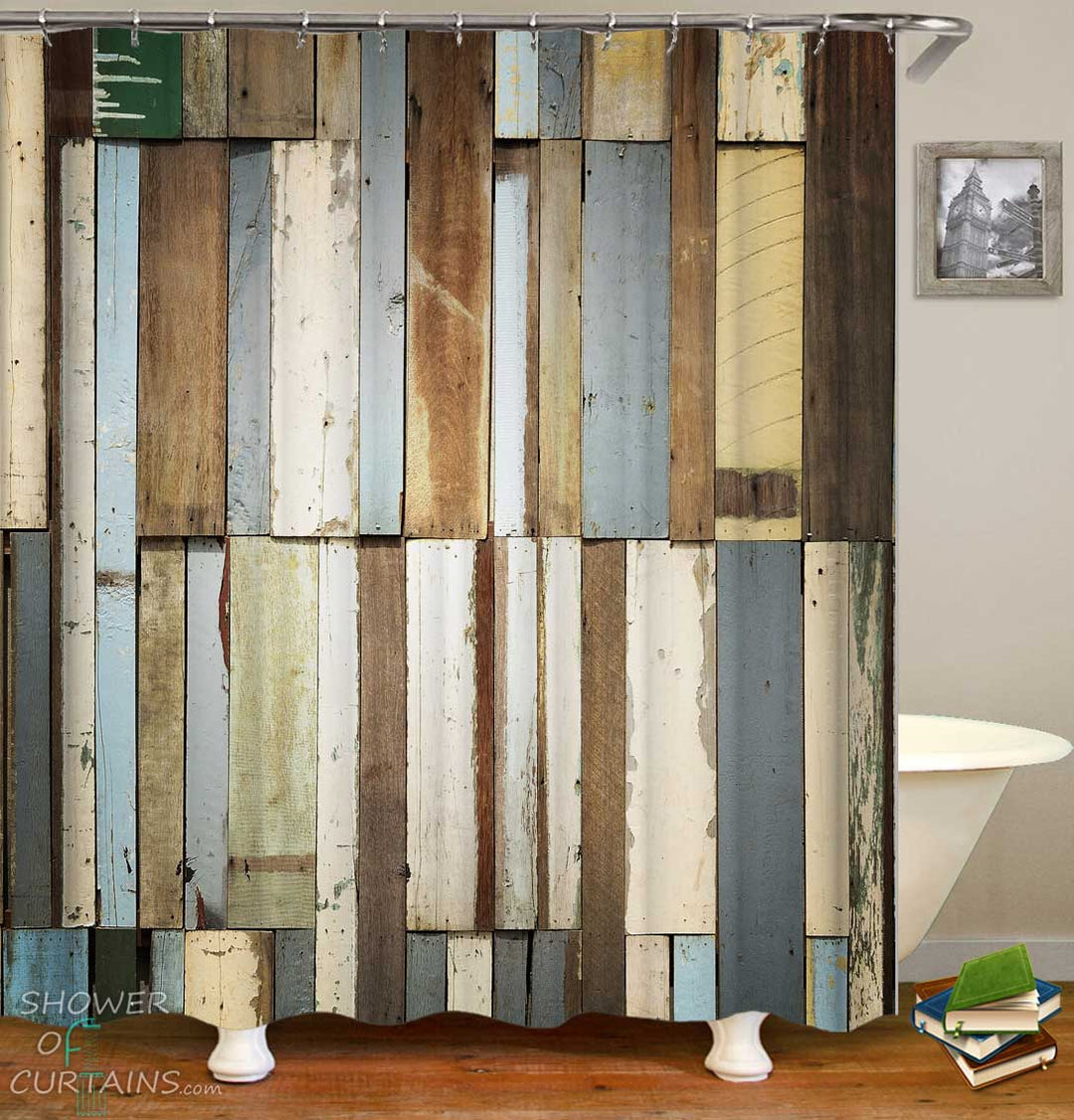 Shower Curtains with Pastel Colored Shabby Wood