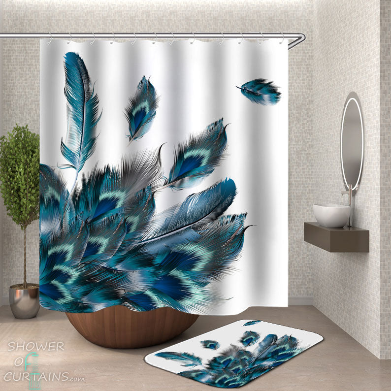 Shower Curtains with Peacock Turquoise Feathers