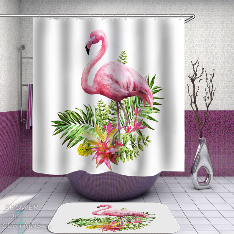 Shower Curtains with Pink Flamingo and Tropical Flowers