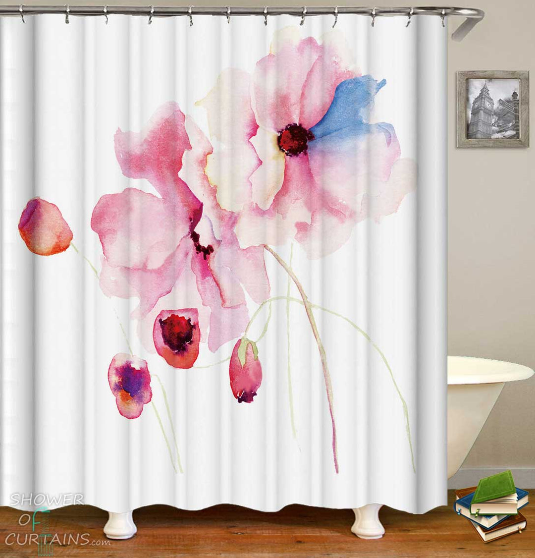 Shower Curtains with Pink Flowers Painting