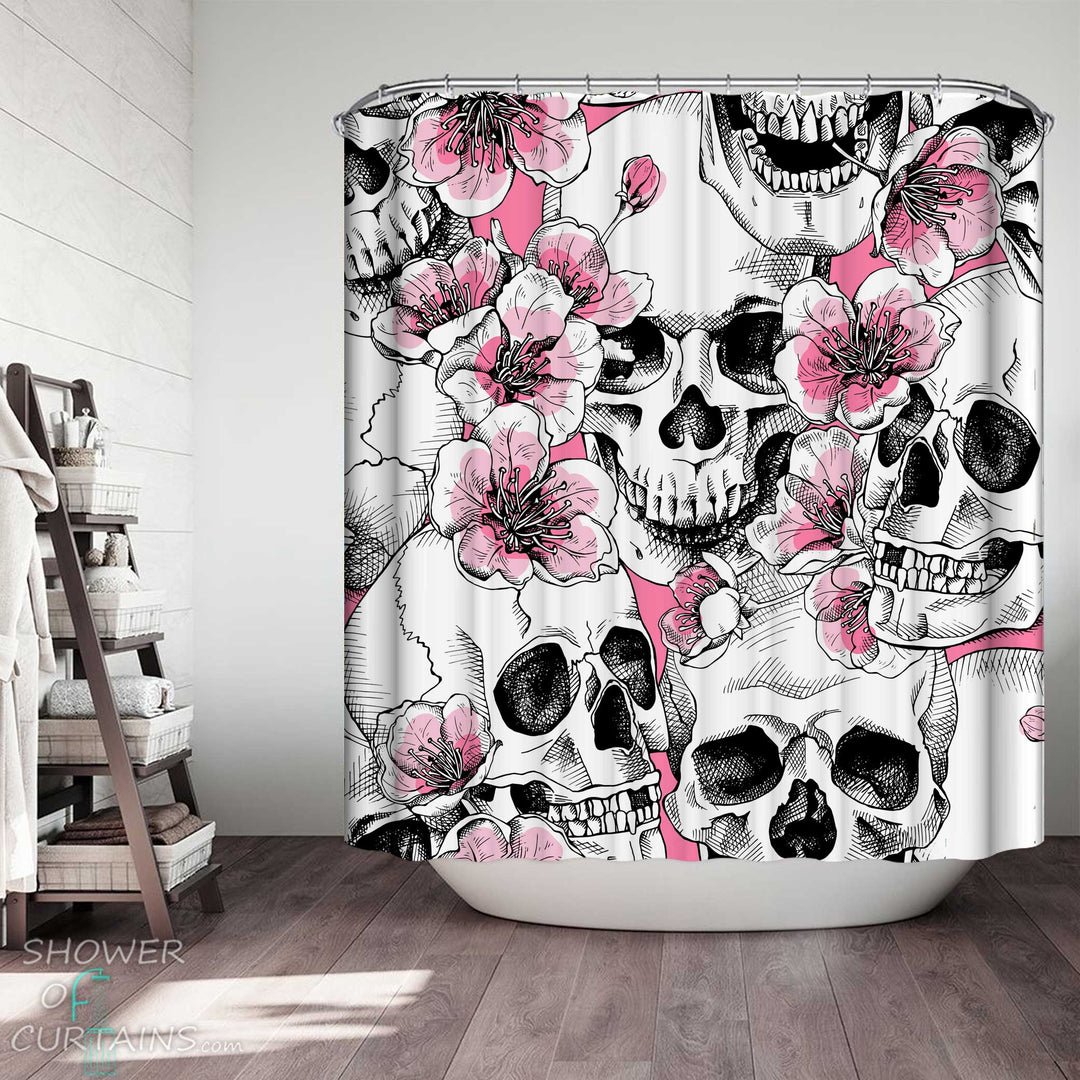 Shower Curtains with Pink Flowers and Skulls Drawing
