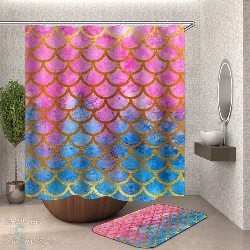 Shower Curtains with Pinkish Blue Mermaid Skin