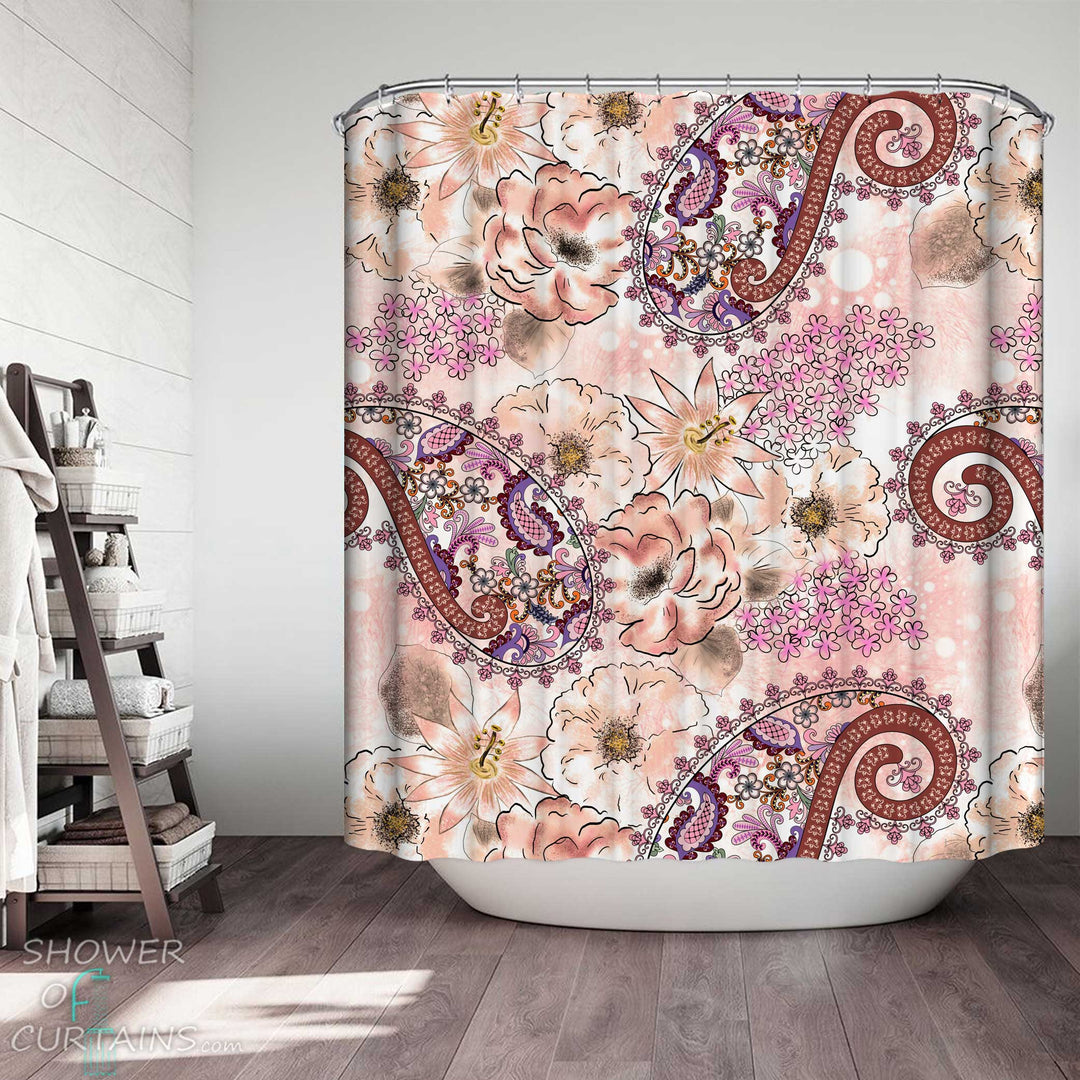 Shower Curtains with Pinkish Flowers and Paisley
