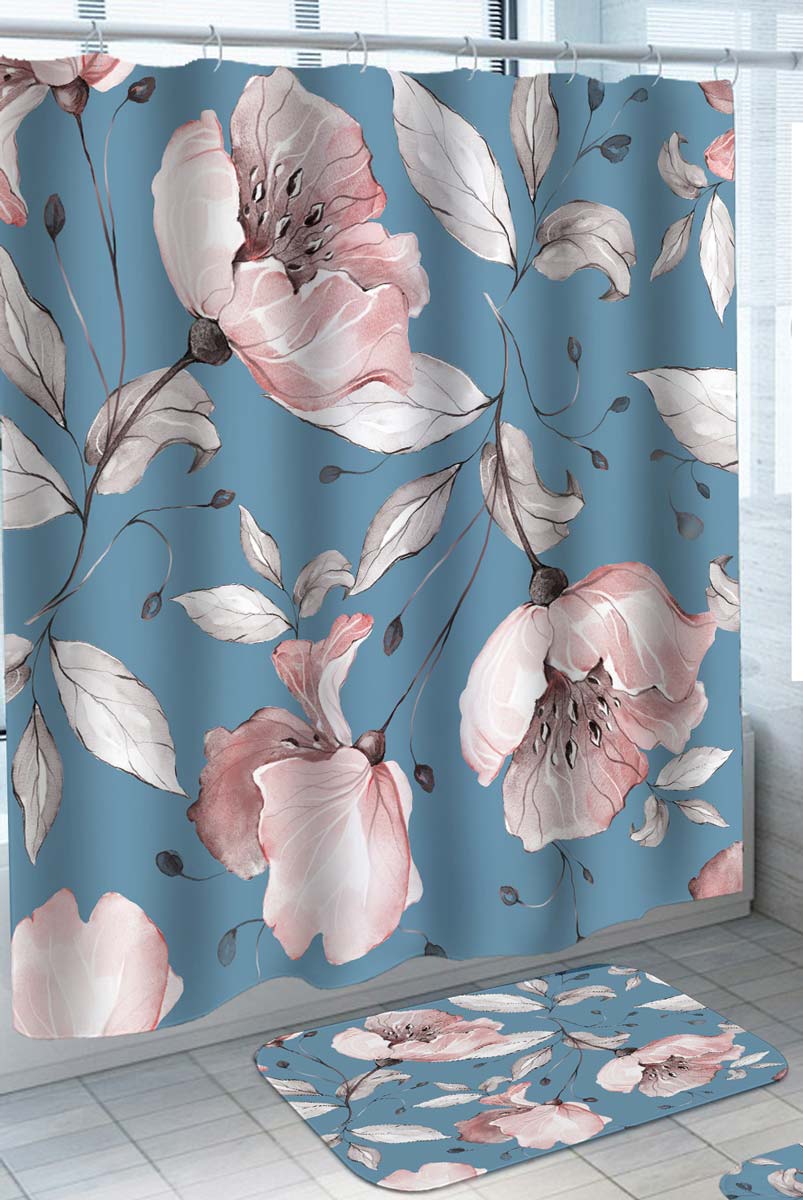Shower Curtains with Pinkish Flowers over Blue