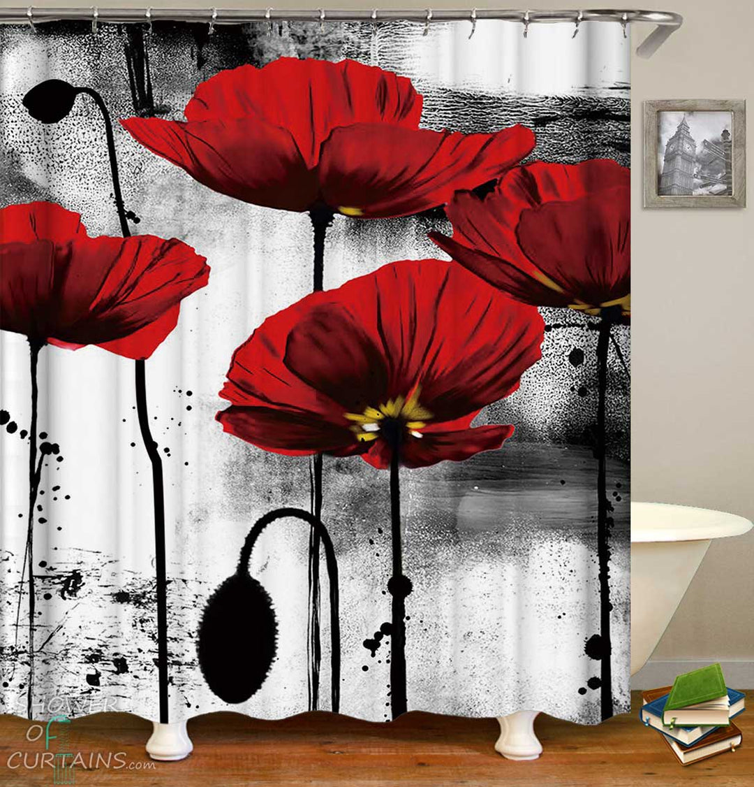 Shower Curtains with Poppy Black and Red