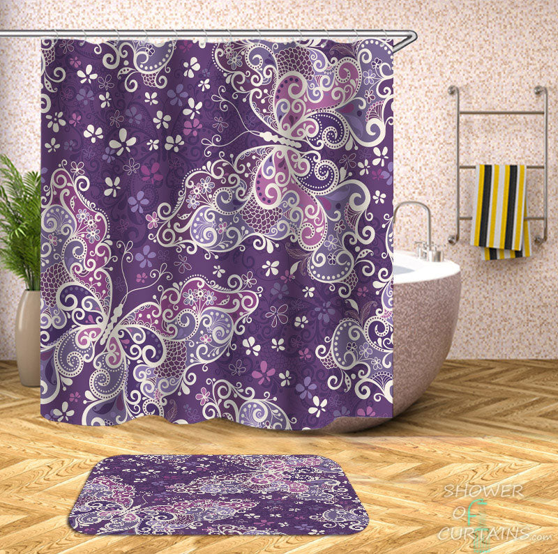 Shower Curtains with Purple Butterflies Drawings