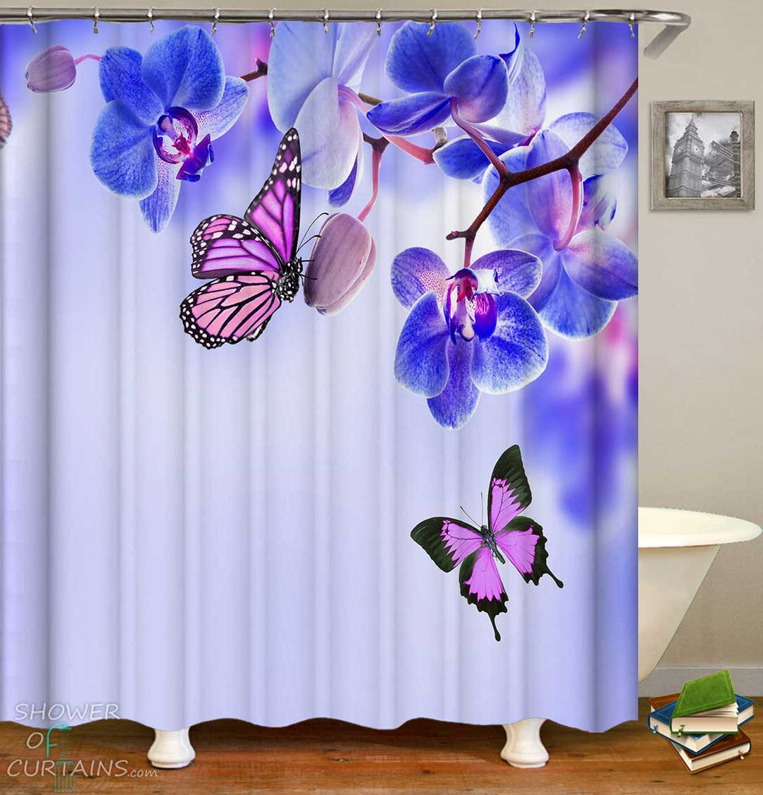 Shower Curtains with Purple Butterflies vs Blue Flowers 