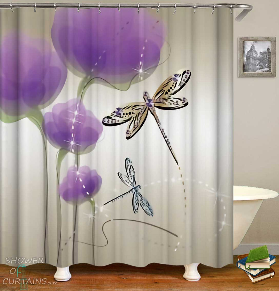 Shower Curtains with Purple Flowers and Dragonflies