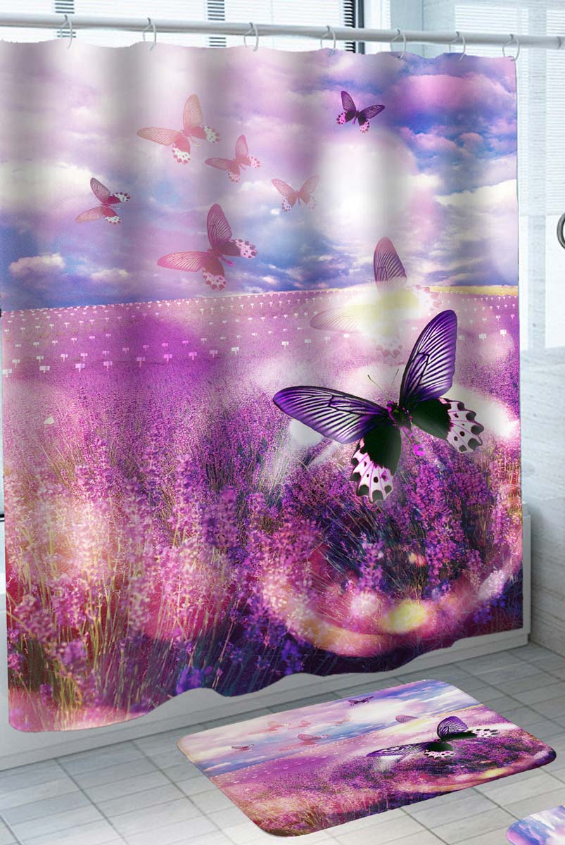 Shower Curtains with Purple Lavender Filed and Butterflies