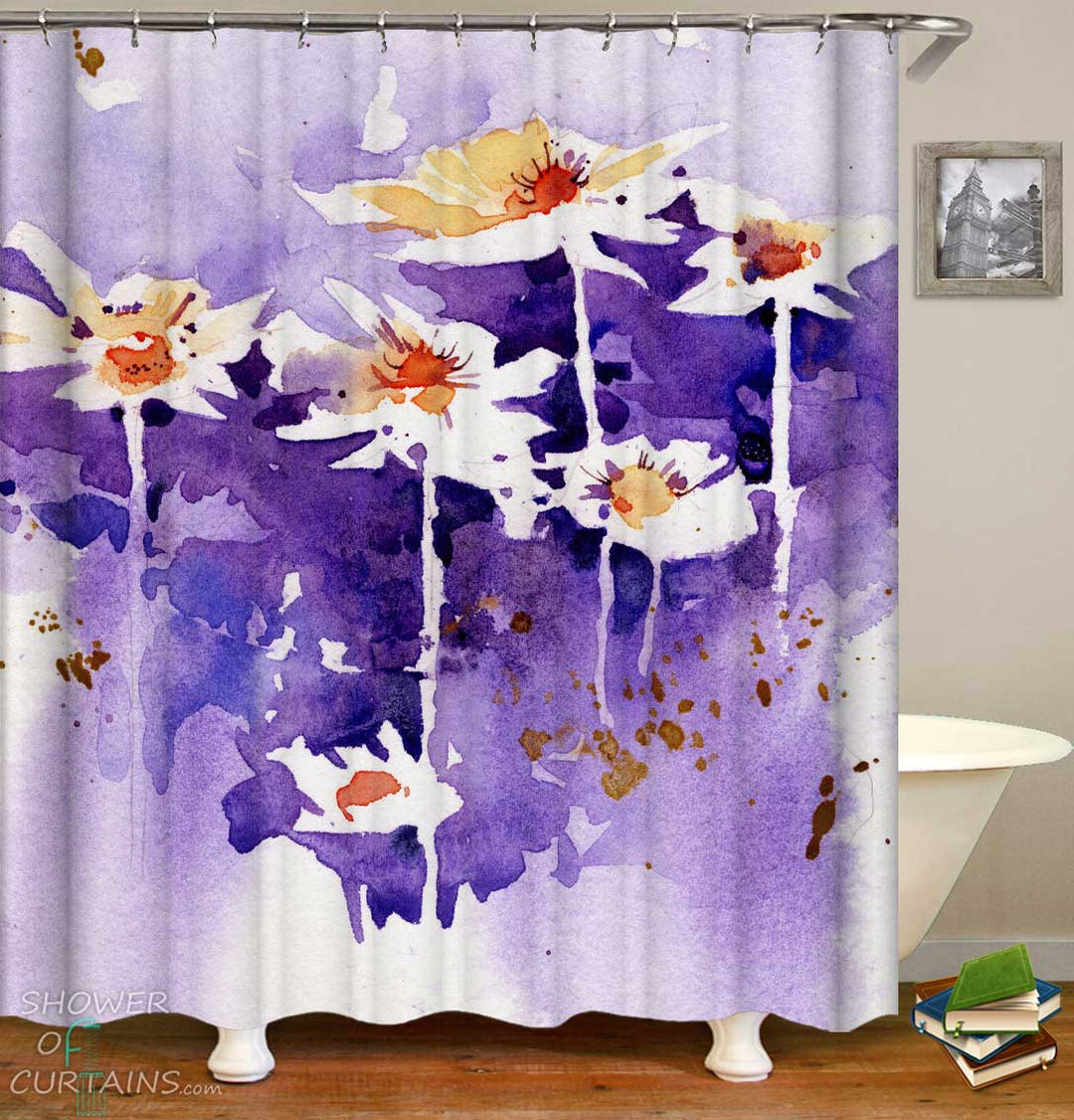 Shower Curtains with Purplish Floral Art