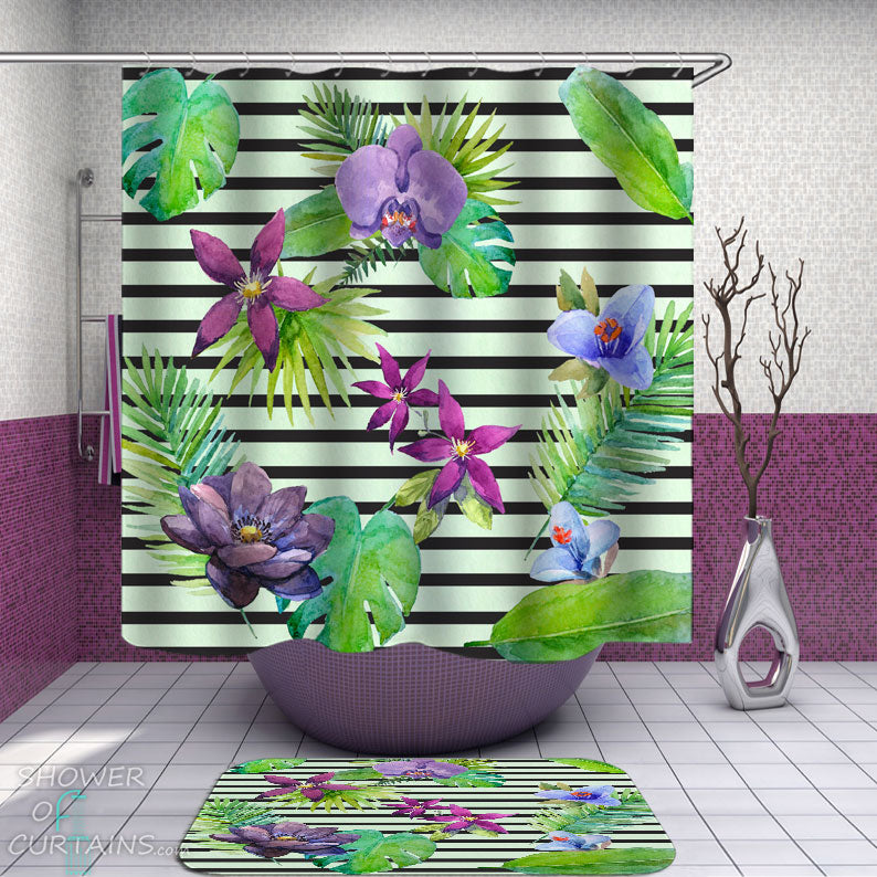 Shower Curtains with Purplish Tropical Flowers