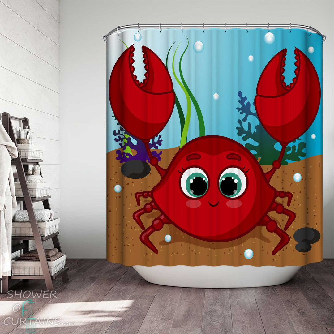 Shower Curtains with Red Crab Kids Nautical Cartoon