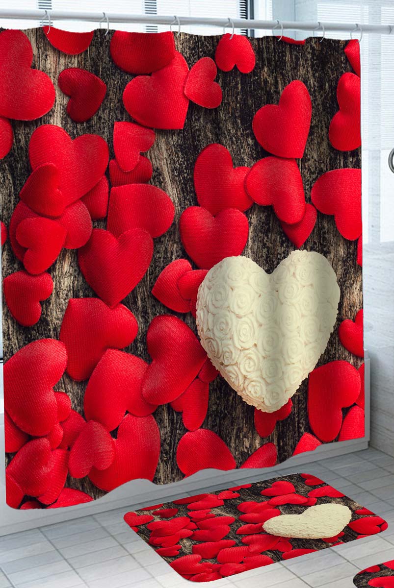 Shower Curtains with Red Hearts and White Roses Heart