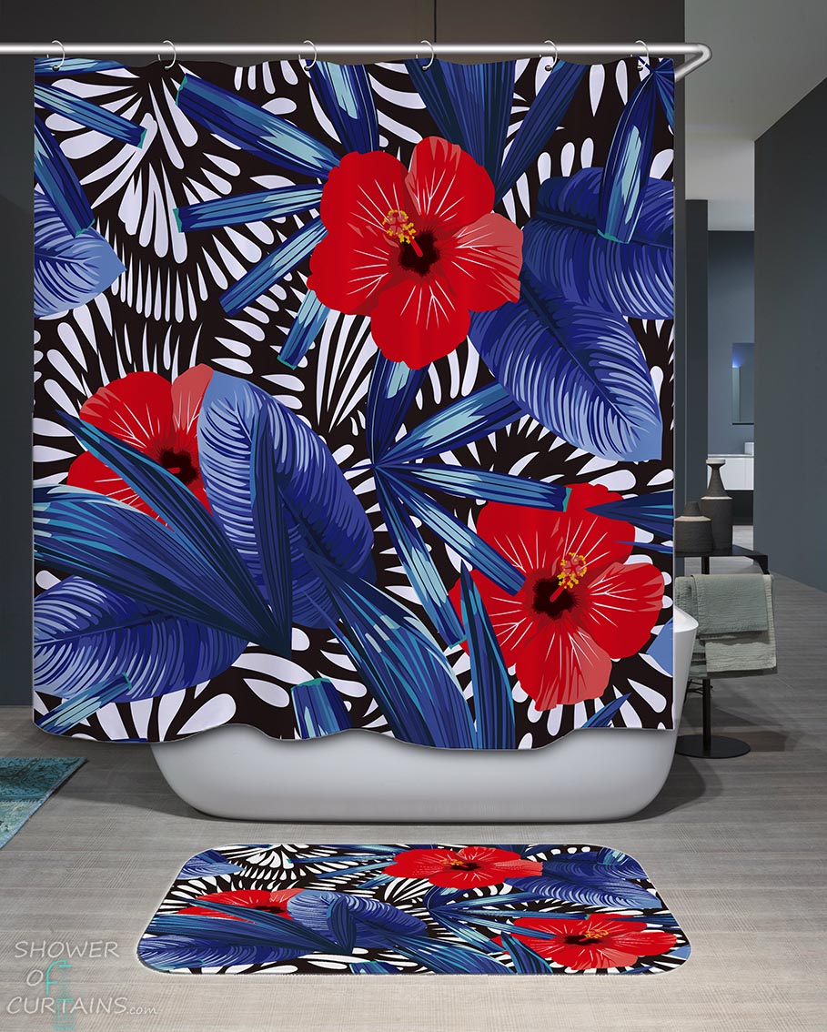 Shower Curtains with Red Hibiscus Over Dark Blue Leaves