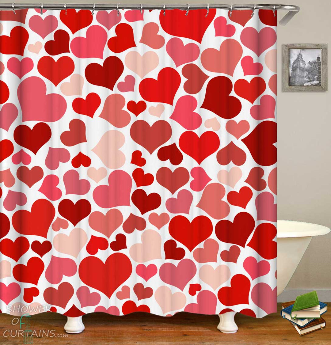 Shower Curtains with Red Hues Hearts