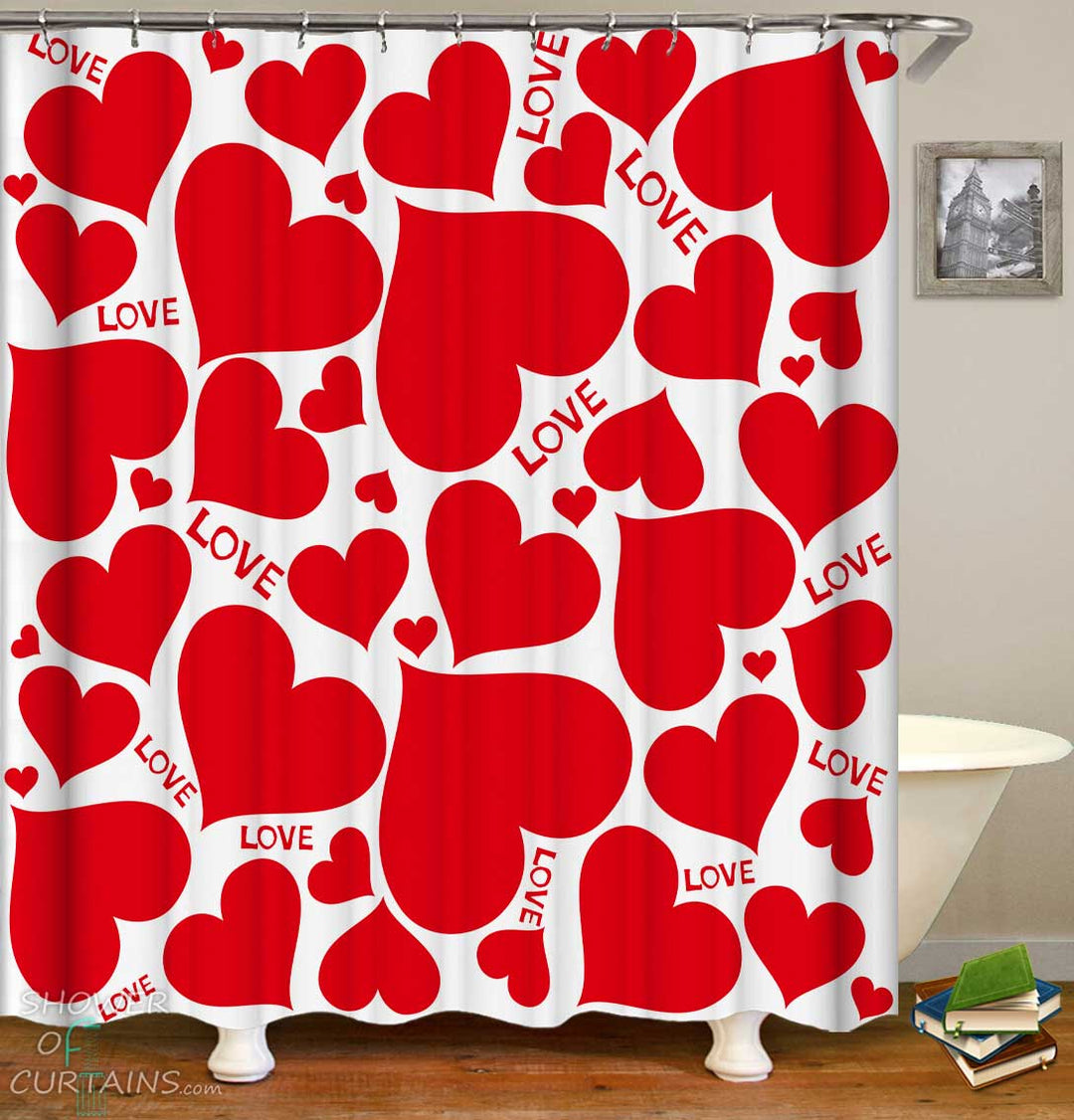 Shower Curtains with Red Love and Hearts