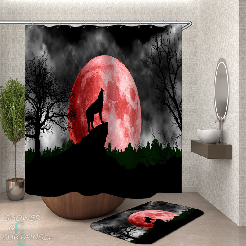 Shower Curtains with Red Moon Wolf