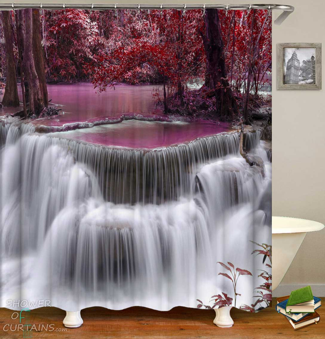 Shower Curtains with Red Nature and Purple Waterfalls