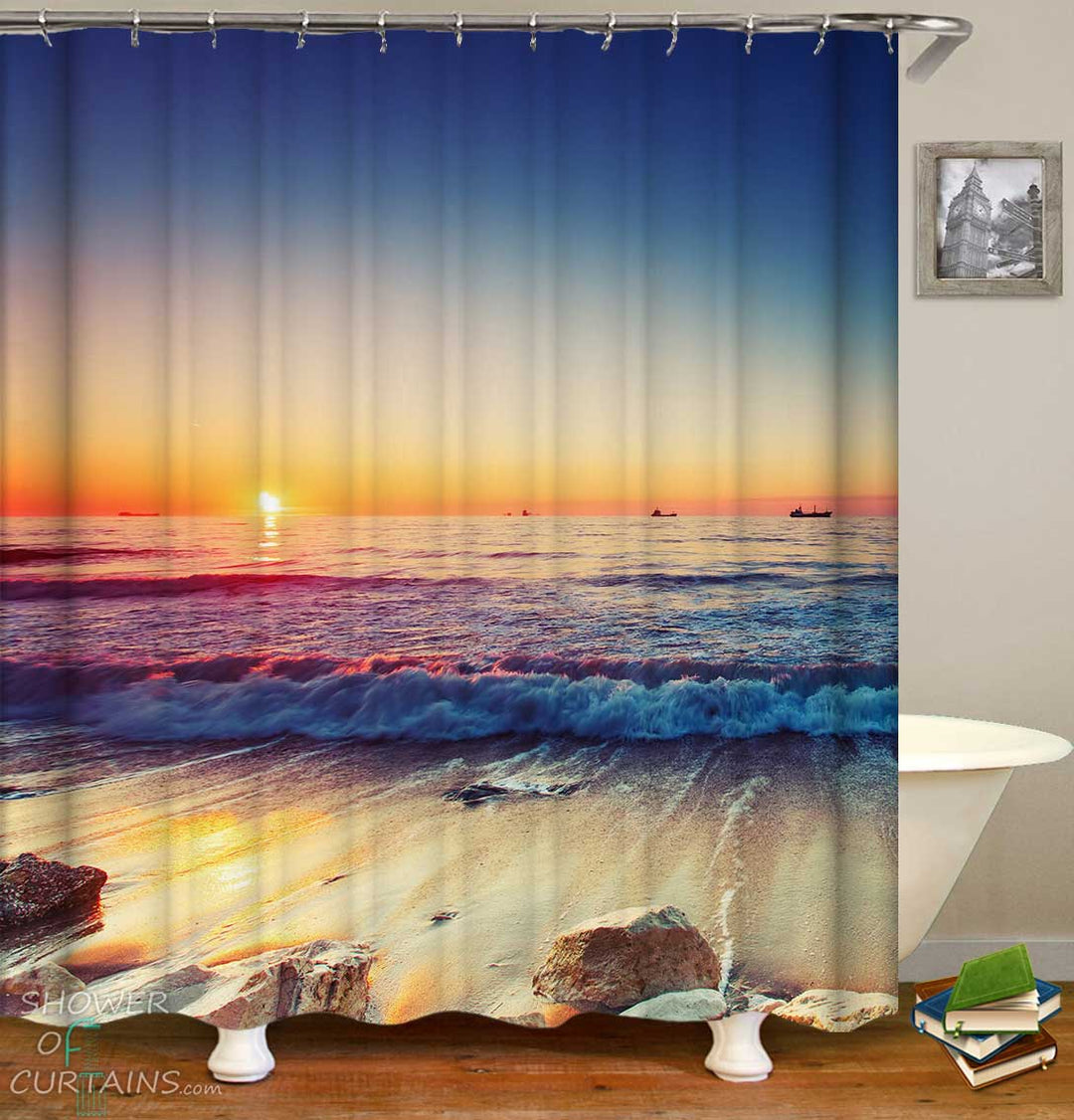 Shower Curtains with Reddish Sunset Ocean