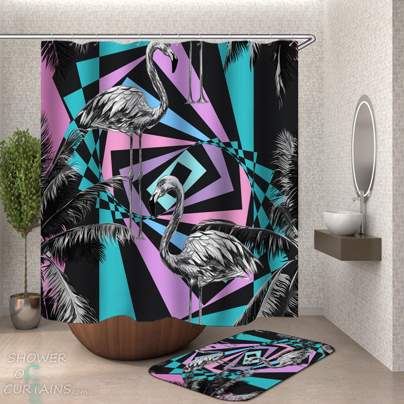 Shower Curtains with Retro Black and White Flamingos