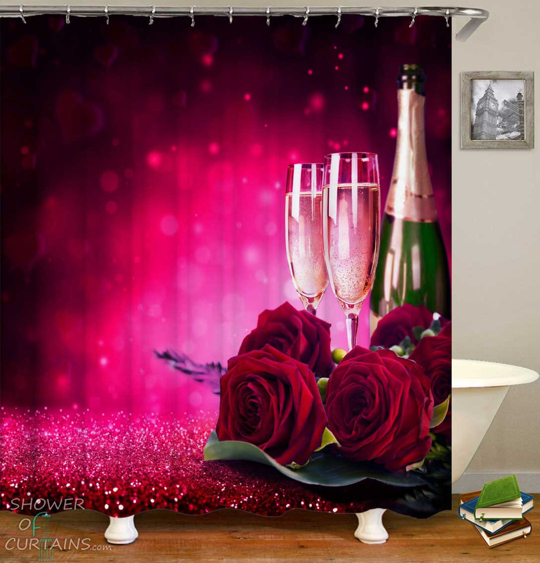 Shower Curtains with Romantic Champagne and Roses