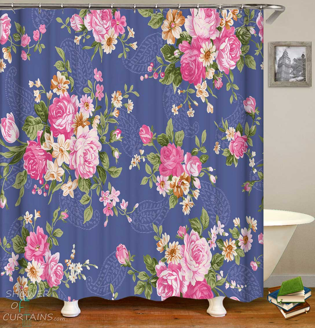 Shower Curtains with Roses over Paisley