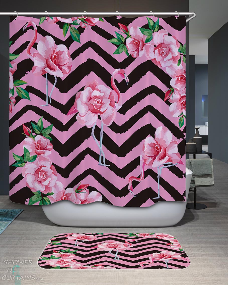 Shower Curtains with Rosy Flamingo Over Pink Chevron