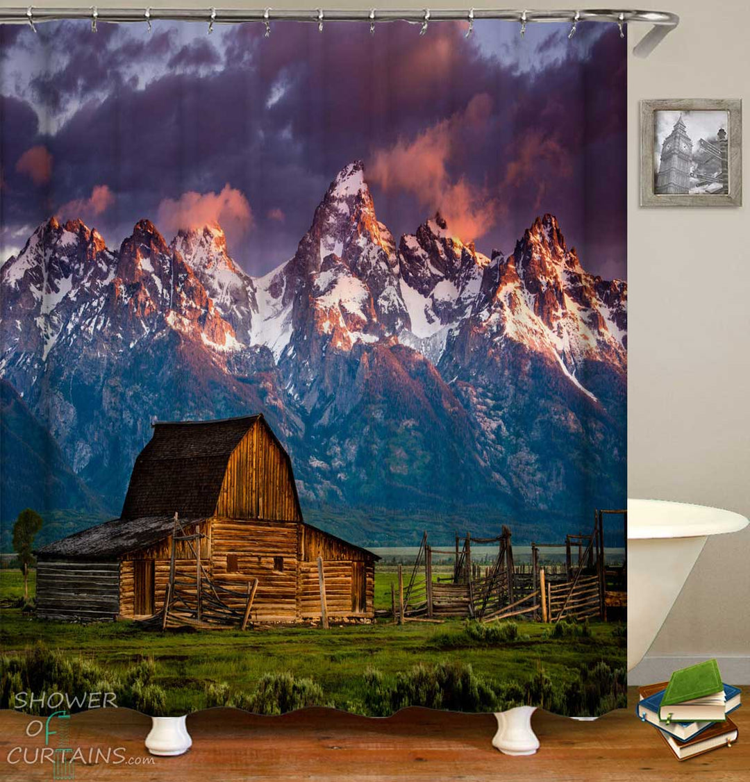 Shower Curtains with Rustic View Old Barn over Mountains