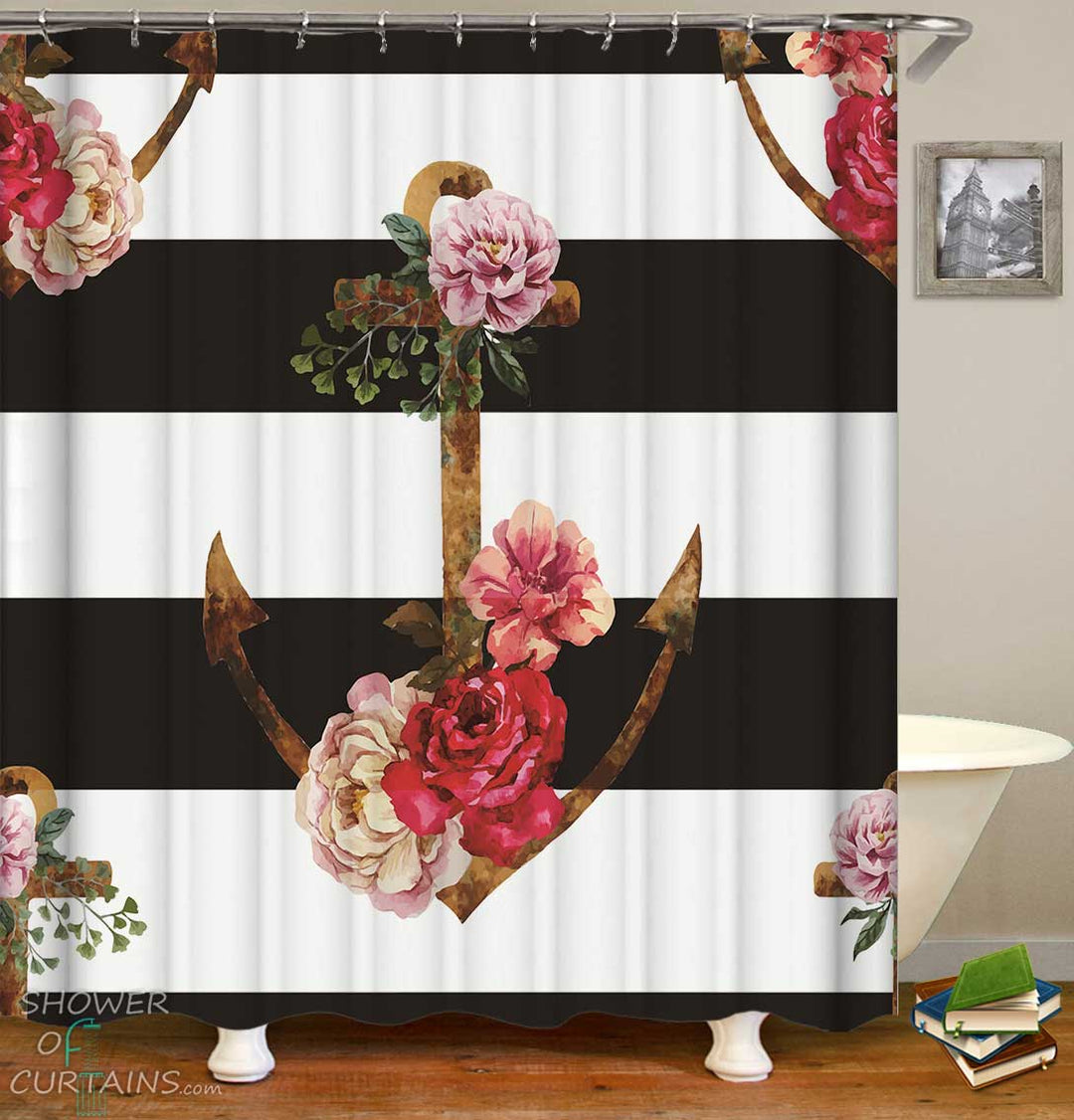 Shower Curtains with Rusty Anchor and Roses