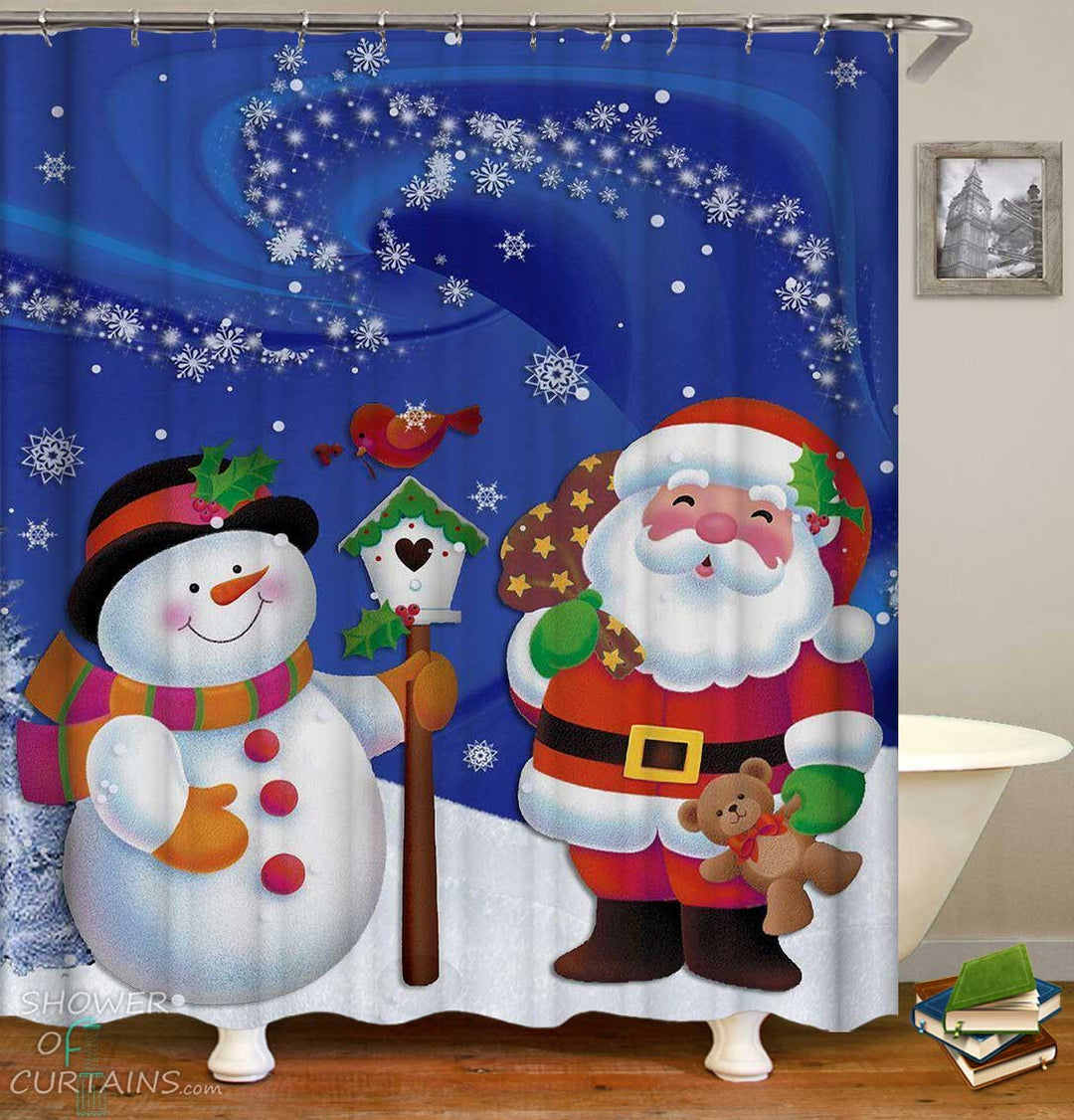 Shower Curtains with Santa Claus and Snowman