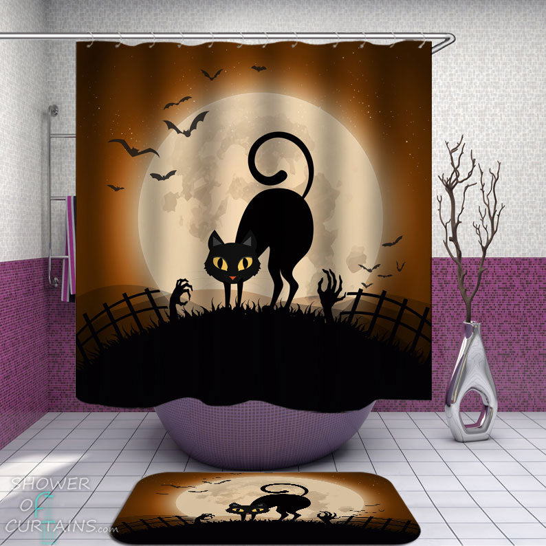 Shower Curtains with Scary Halloween Cat