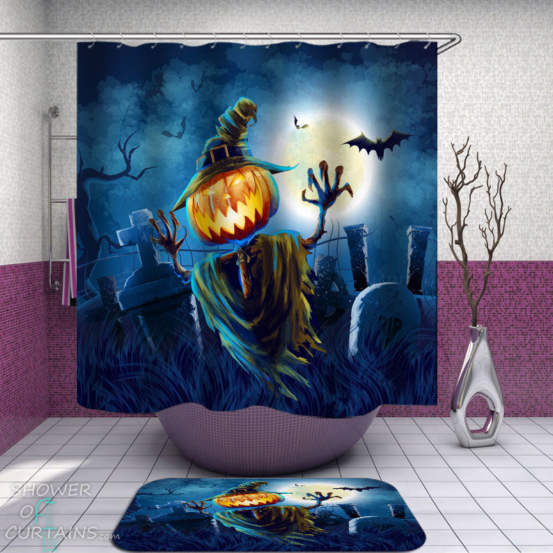 Shower Curtains with Scary Halloween Pumpkin Scarecrow