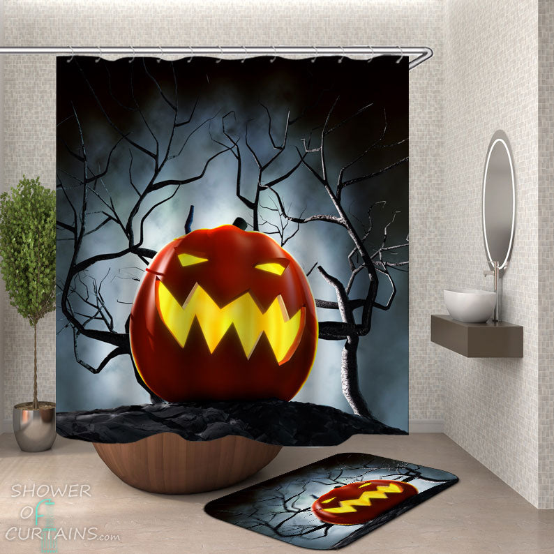 Shower Curtains with Scary Halloween Pumpkin
