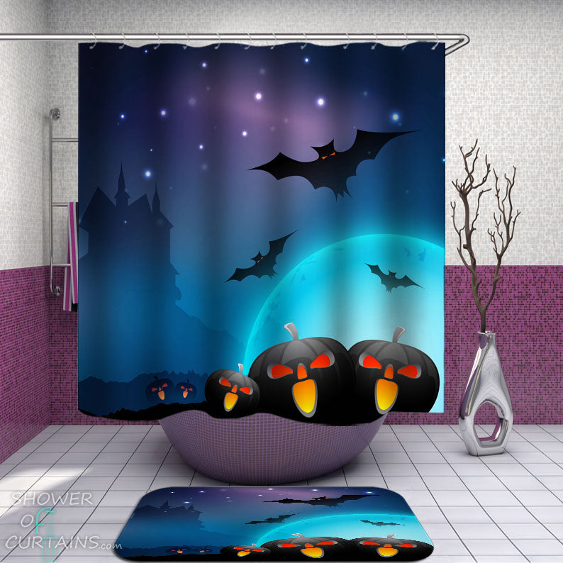 Shower Curtains with Scary Halloween Pumpkins and Bats