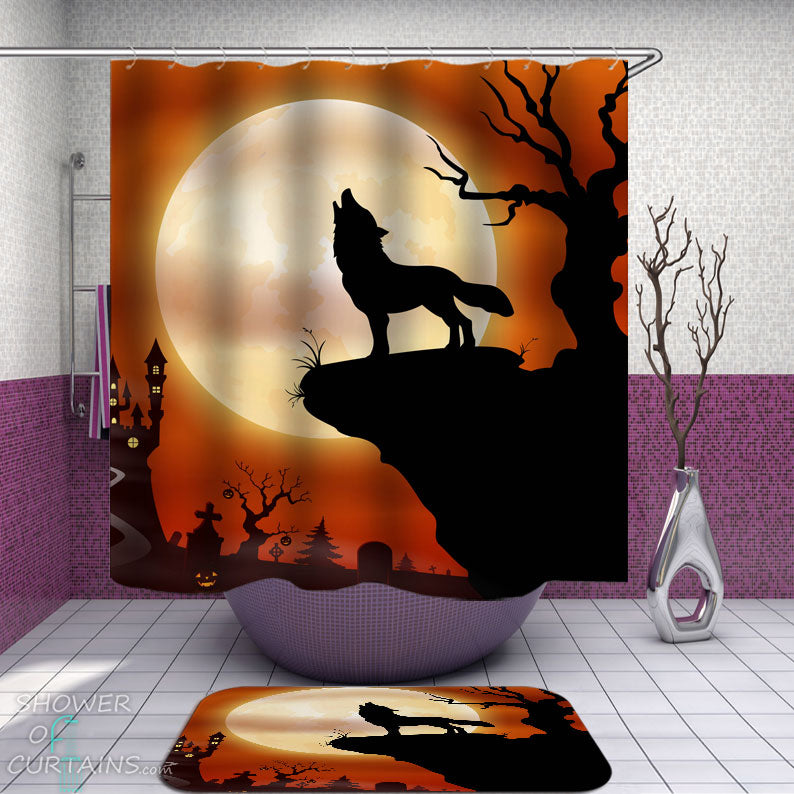 Shower Curtains with Scary Moon Light Wolf