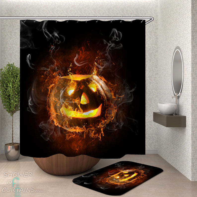 Shower Curtains with Scary Smokey Halloween Pumpkin
