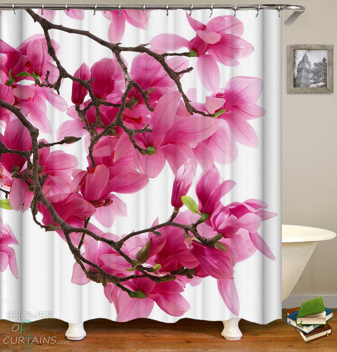 Shower Curtains with Shiny Pink Flowers