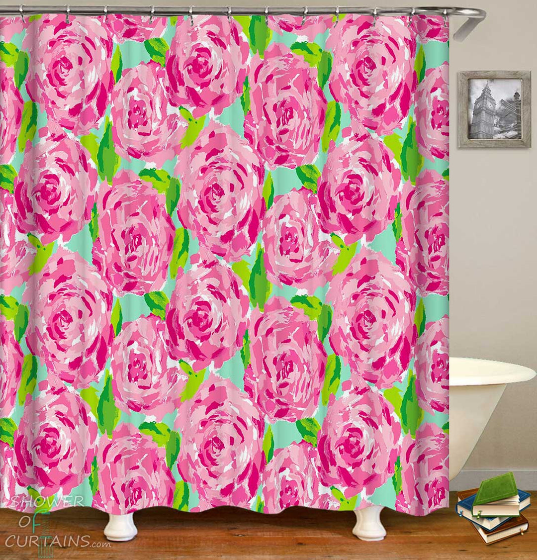 Shower Curtains with Shiny Pink Roses