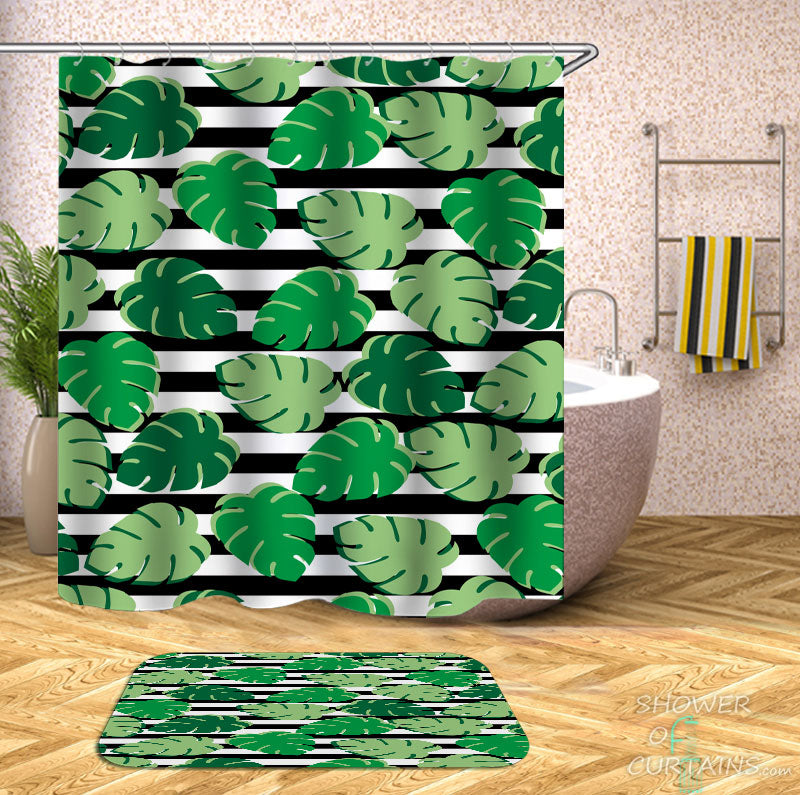 Shower Curtains with Simple Green Leaves over Stripes