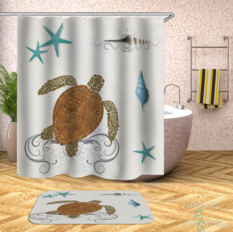 Shower Curtains with Simple Turtle and Seashells