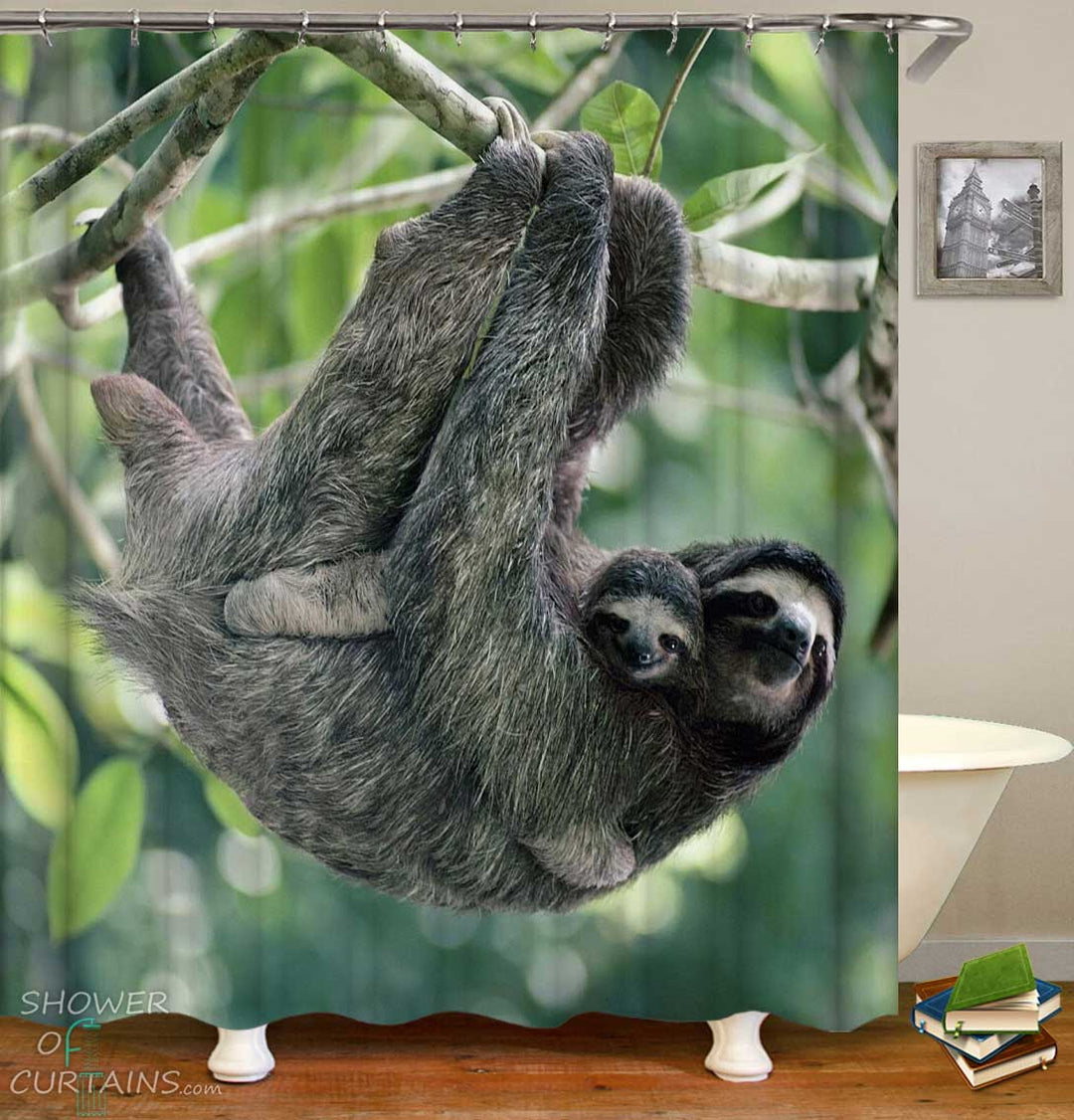 Shower Curtains with Sloth and Baby Sloth in Nature