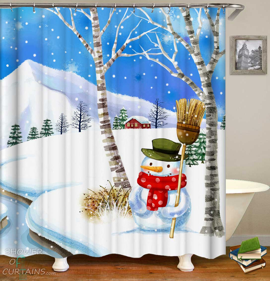 Shower Curtains with Snowy Christmas Snowman